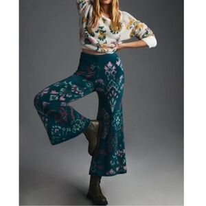 Anthropologie Daily Practice Fuzzy Teal Wide-Leg Pants w Floral Pattern